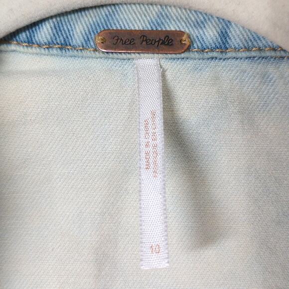 Free People Denim Jacket Womens 10 Blue Acid Wash Distressed Trucker Cropped - Picture 2 of 12